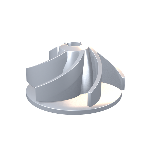 Five-axis CNC machined impeller with backswept curved vanes